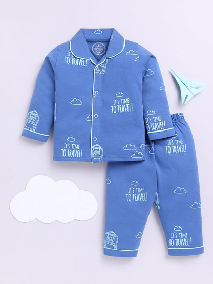 Blue Cotton Full Sleeves Typography Nightwear Set