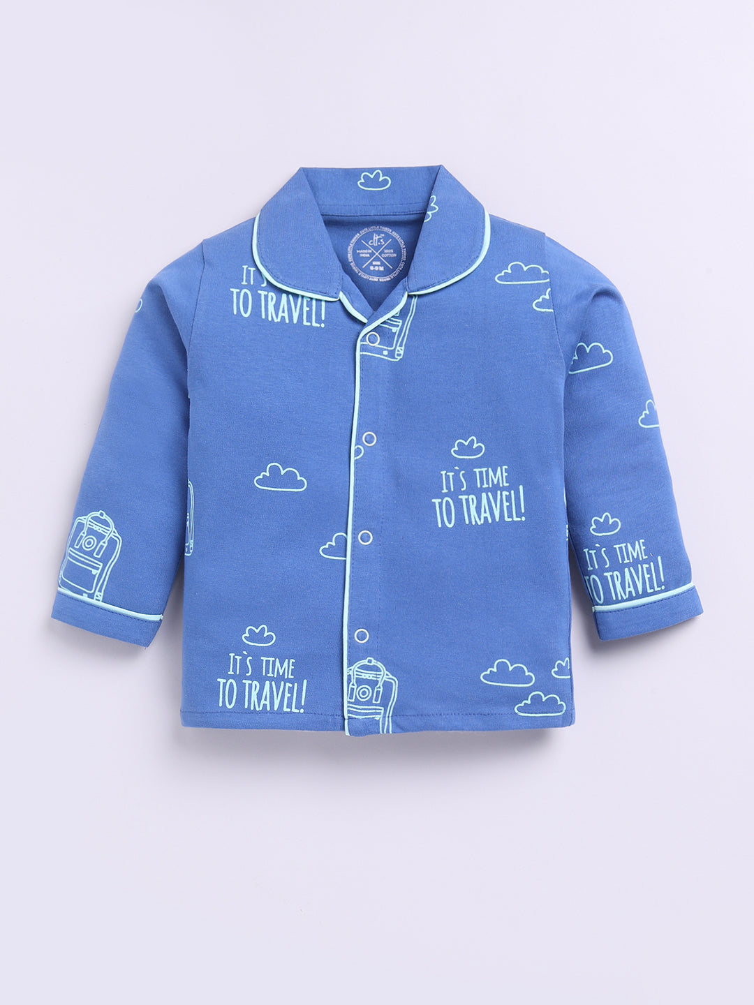 Blue Cotton Full Sleeves Typography Nightwear Set