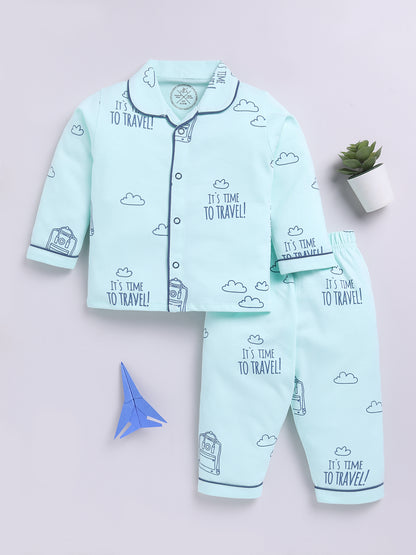 Sea Green Cotton Full Sleeves Typography Nightwear Set