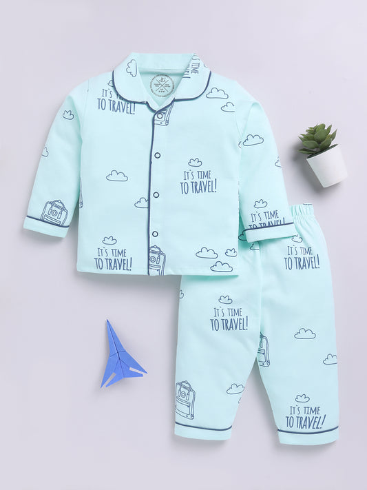 Sea Green Cotton Full Sleeves Typography Nightwear Set