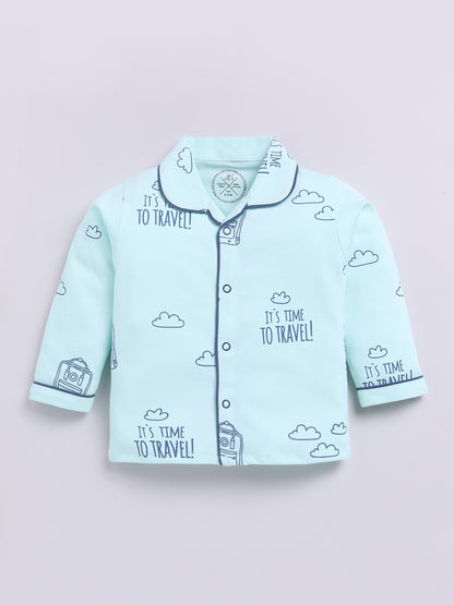 Sea Green Cotton Full Sleeves Typography Nightwear Set