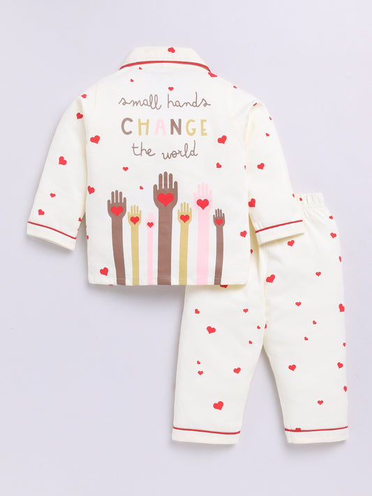 'Hearts' Cream Cotton Full Sleeves Nightwear Set