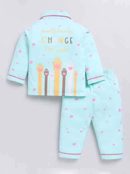 'Hearts' Sea Green Cotton Full Sleeves Nightwear Set
