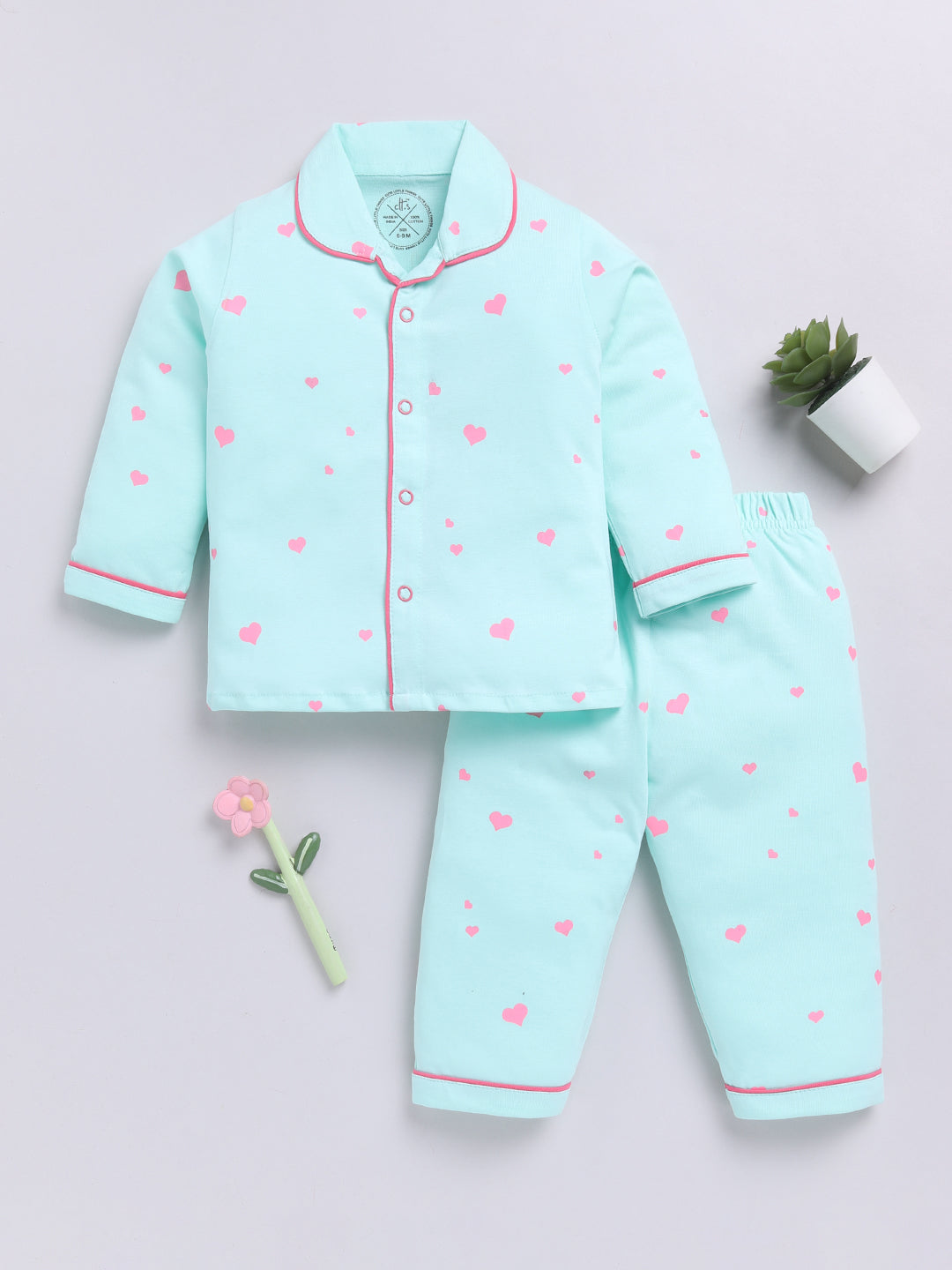 'Hearts' Sea Green Cotton Full Sleeves Nightwear Set