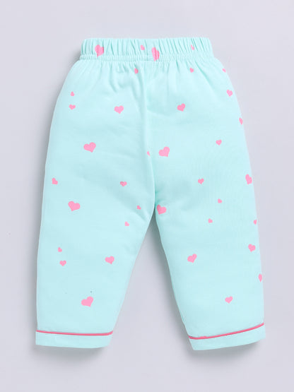'Hearts' Sea Green Cotton Full Sleeves Nightwear Set