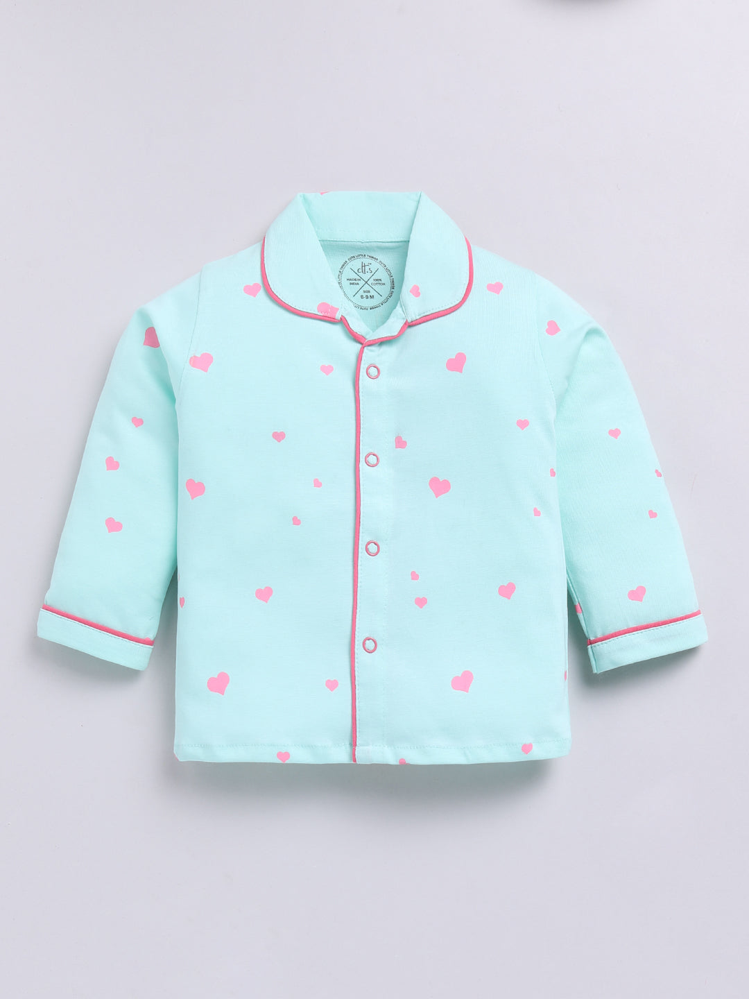 'Hearts' Sea Green Cotton Full Sleeves Nightwear Set