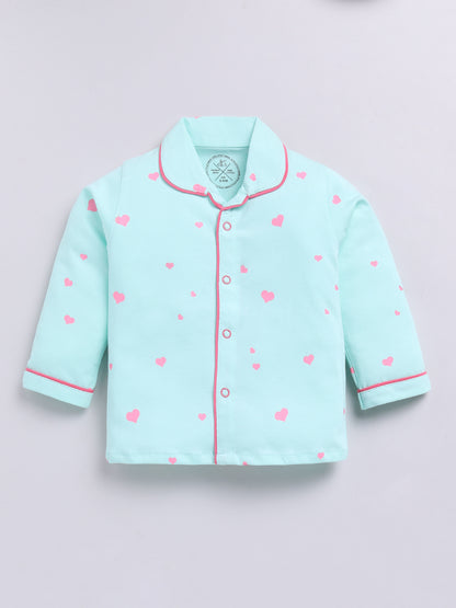 'Hearts' Sea Green Cotton Full Sleeves Nightwear Set