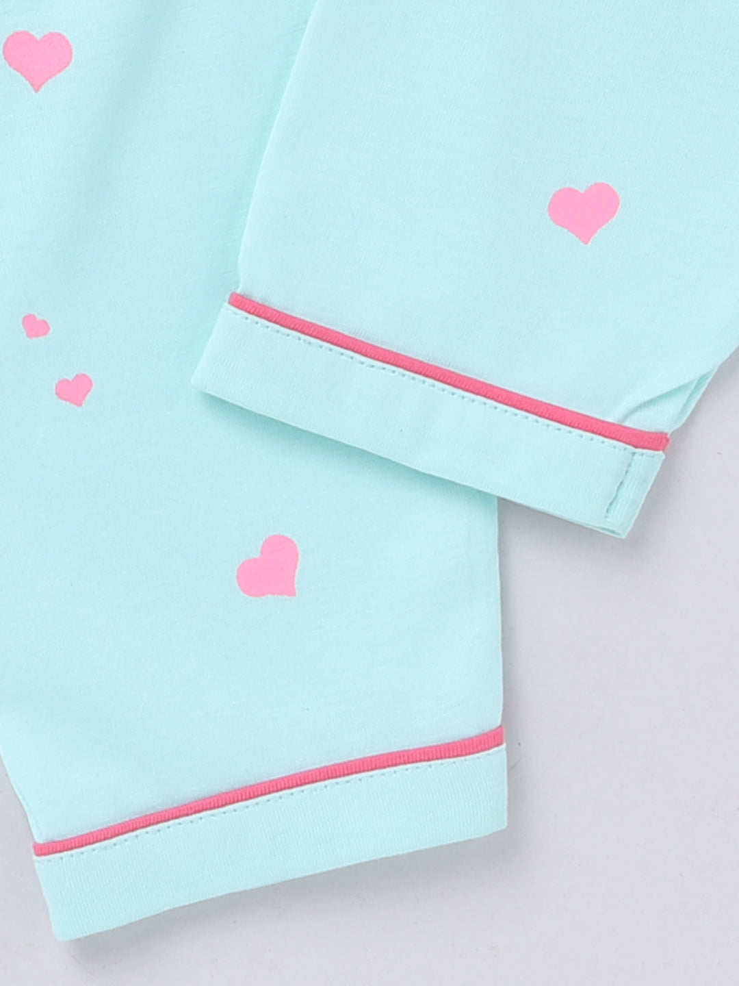 'Hearts' Sea Green Cotton Full Sleeves Nightwear Set