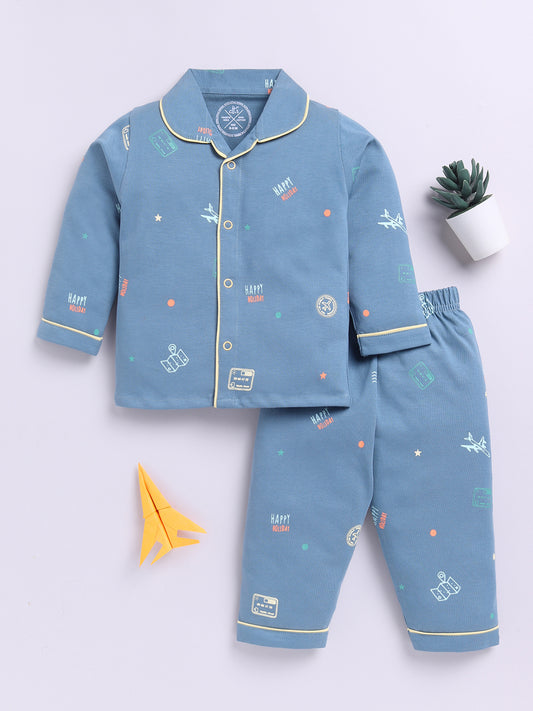 Blue Cotton Full Sleeves Typography Nightwear Set