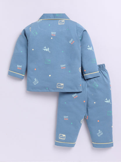 Blue Cotton Full Sleeves Typography Nightwear Set