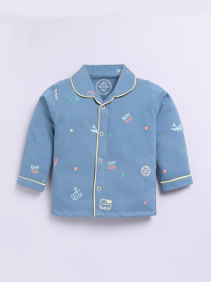 Blue Cotton Full Sleeves Typography Nightwear Set