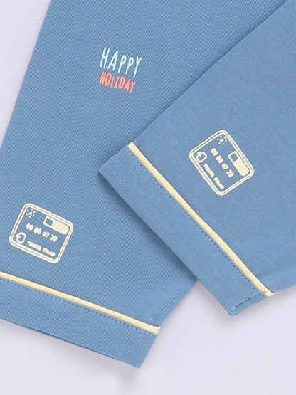 Blue Cotton Full Sleeves Typography Nightwear Set