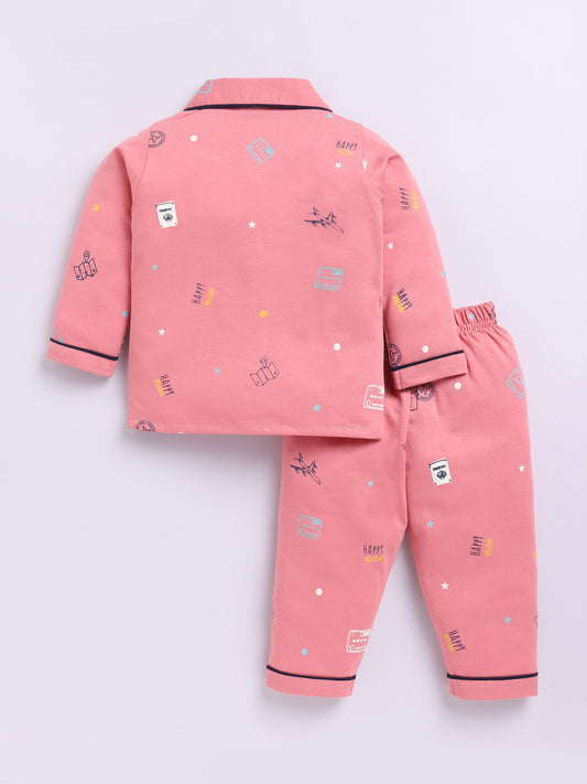 Rust Cotton Full Sleeves Typography Nightwear Set