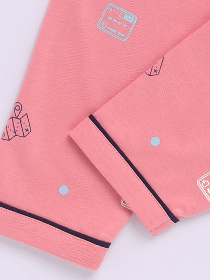 Rust Cotton Full Sleeves Typography Nightwear Set