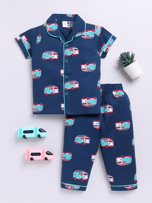 'Bus' Blue Cotton Short Sleeves Nightwear Set