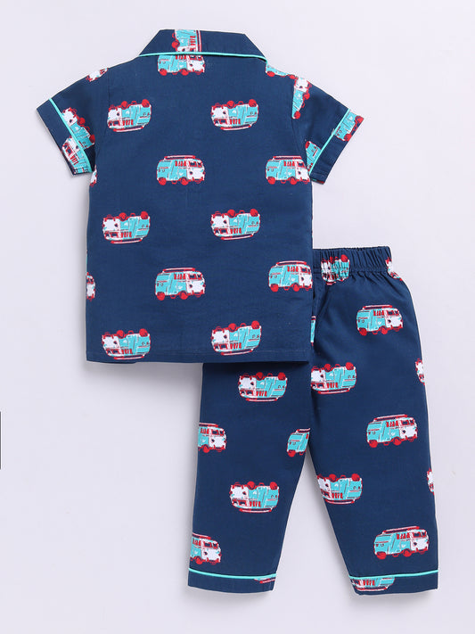 'Bus' Blue Cotton Short Sleeves Nightwear Set