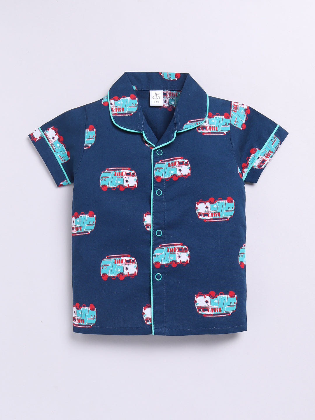'Bus' Blue Cotton Short Sleeves Nightwear Set