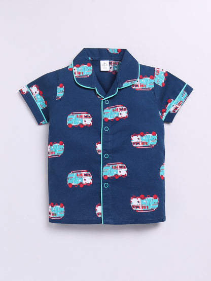 'Bus' Blue Cotton Short Sleeves Nightwear Set