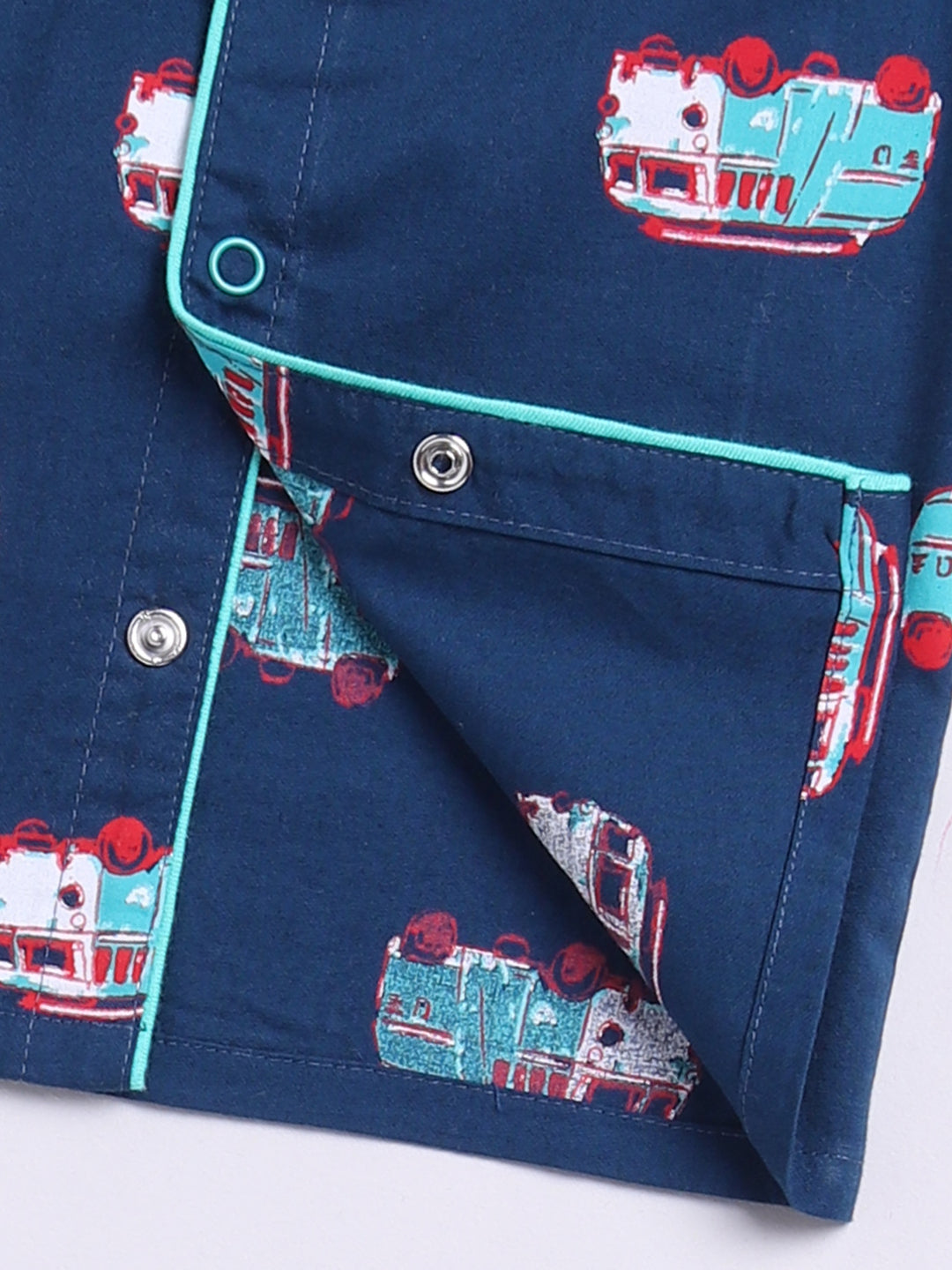 'Bus' Blue Cotton Short Sleeves Nightwear Set