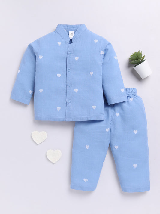 Blue Hearts Cotton Full Sleeves Nightwear Set
