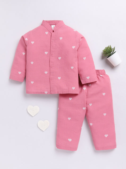 Pink Hearts Cotton Full Sleeves Nightwear Set