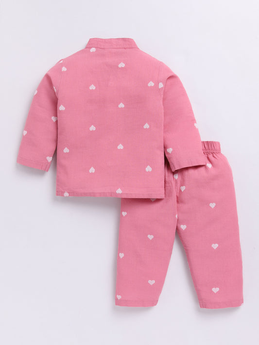 Pink Hearts Cotton Full Sleeves Nightwear Set