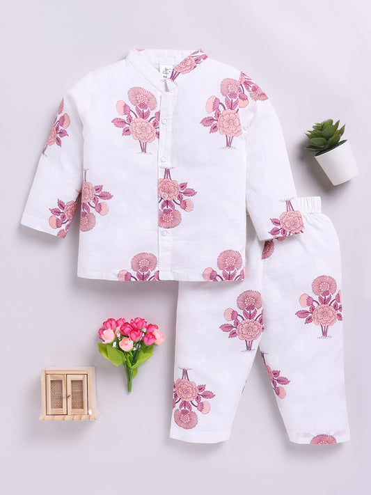 Offwhite Cotton Full Sleeves Floral Nightwear Set
