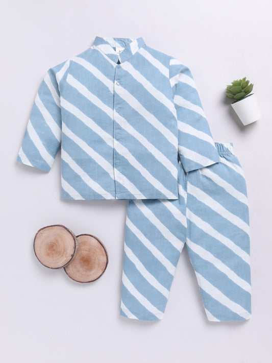 Blue Cotton Full Sleeves Striped Nightwear Set