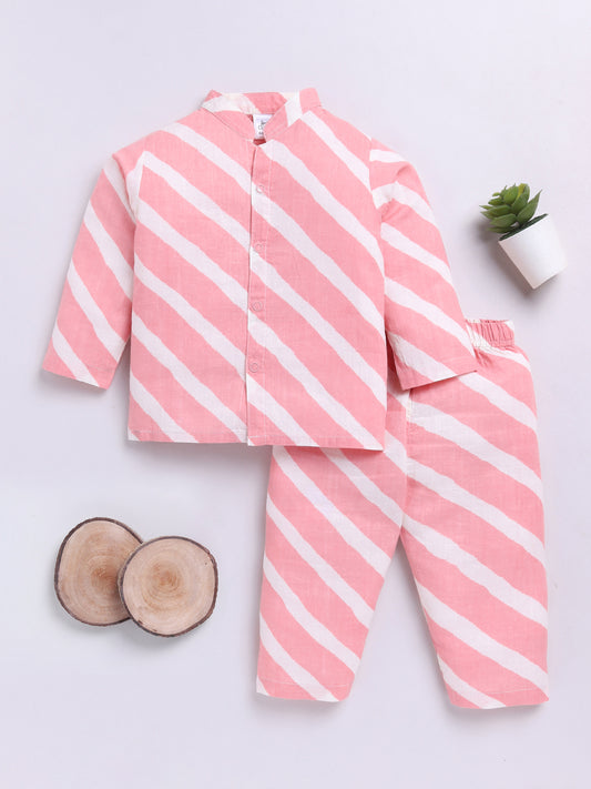 Pink Cotton Full Sleeves Striped Nightwear Set