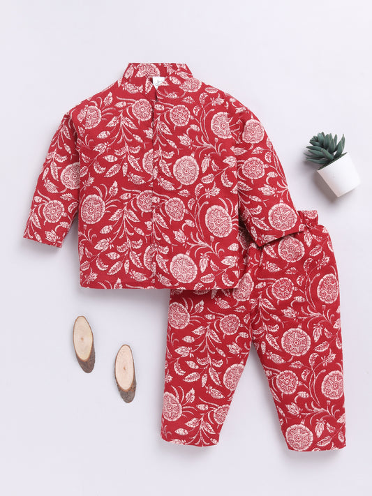 Red Cotton Full Sleeves Floral Nightwear Set
