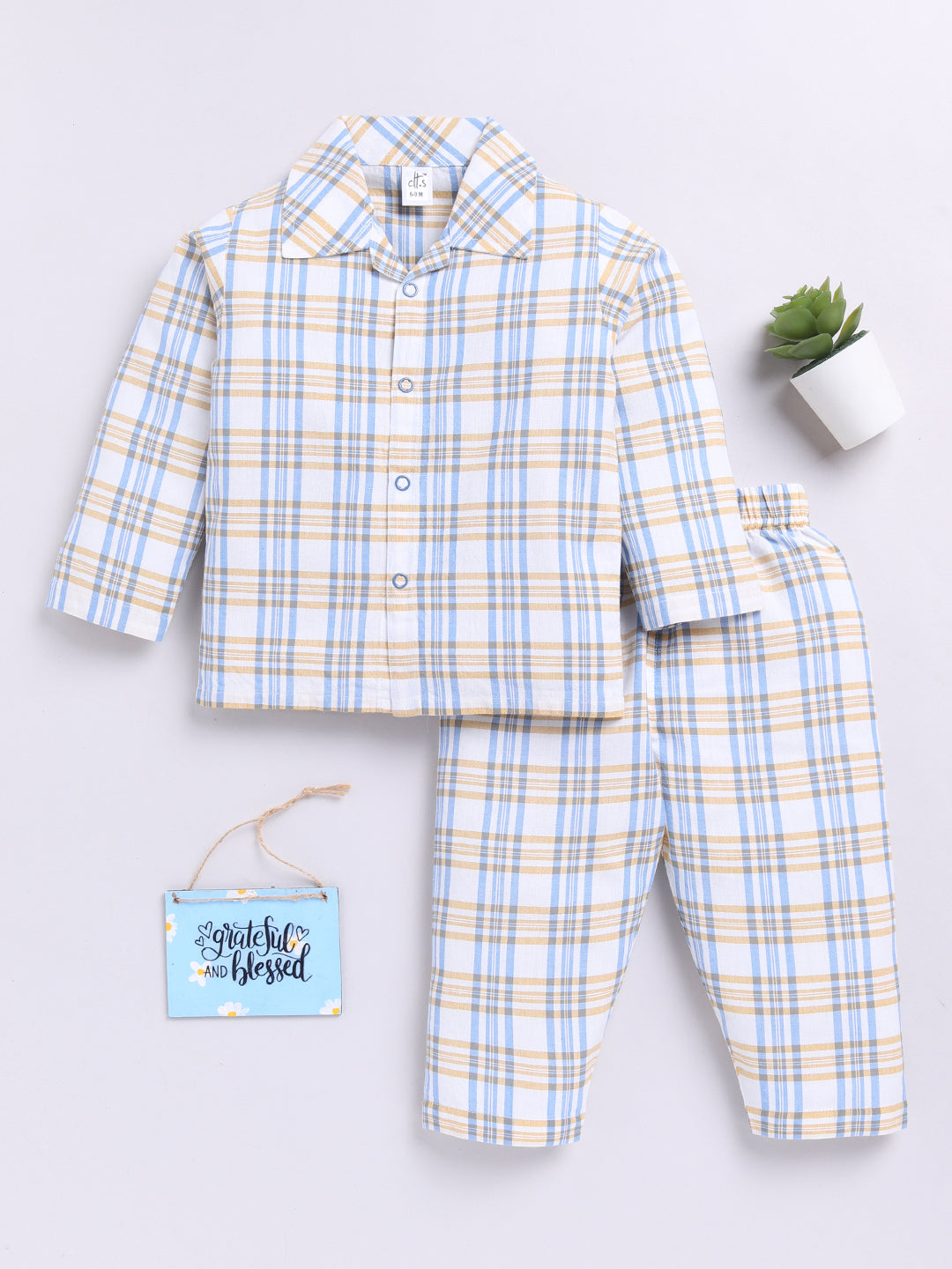 Blue Cotton Woven Checked Full Sleeve Night Suit