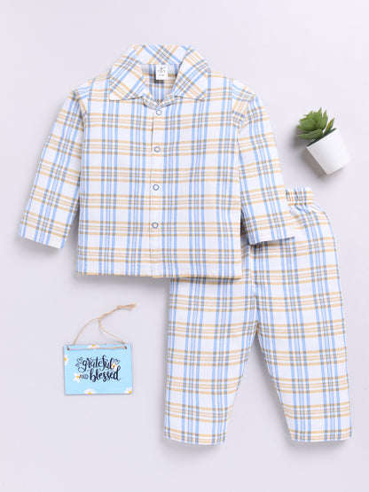 Blue Cotton Woven Checked Full Sleeve Night Suit