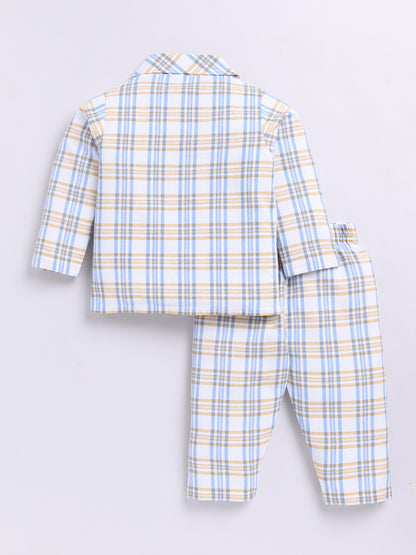 Blue Cotton Woven Checked Full Sleeve Night Suit