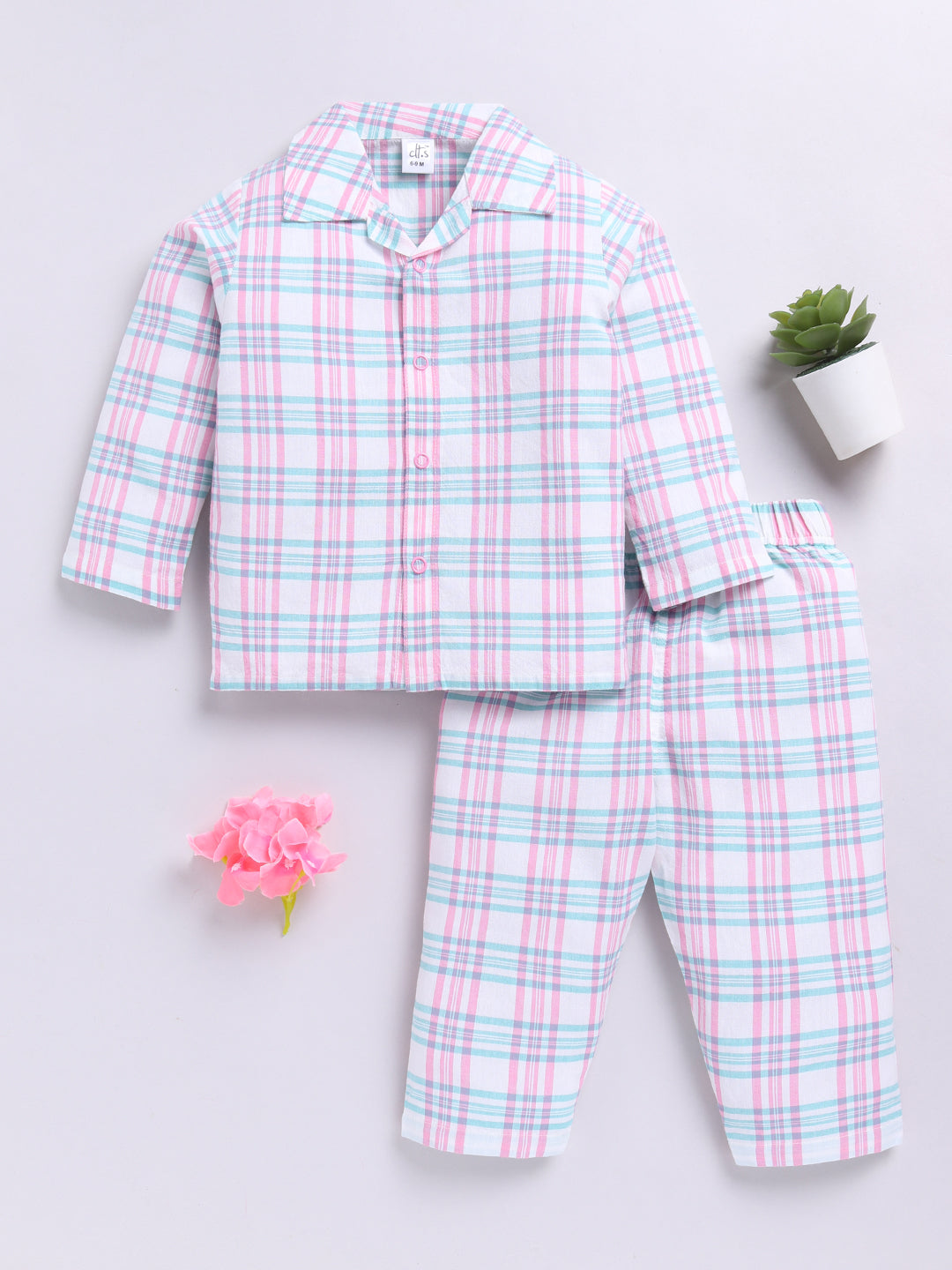 Pink Cotton Woven Checked Full Sleeve Night Suit