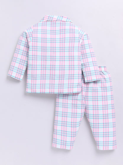 Pink Cotton Woven Checked Full Sleeve Night Suit