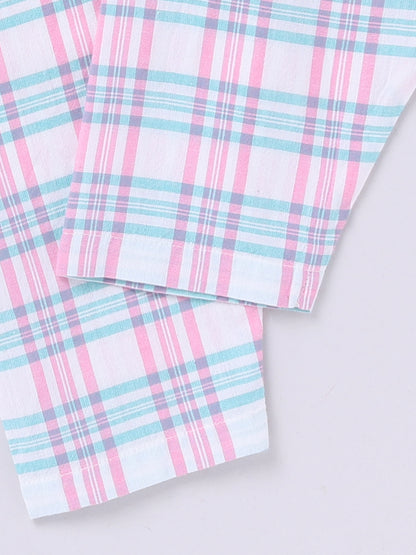 Pink Cotton Woven Checked Full Sleeve Night Suit