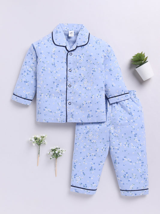 Blue Cotton Full Sleeves Floral Nightwear Set