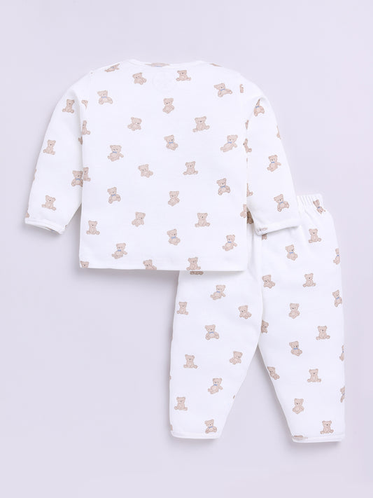 Teddy Bear Off-white Cotton Full Sleeves Nightwear Set