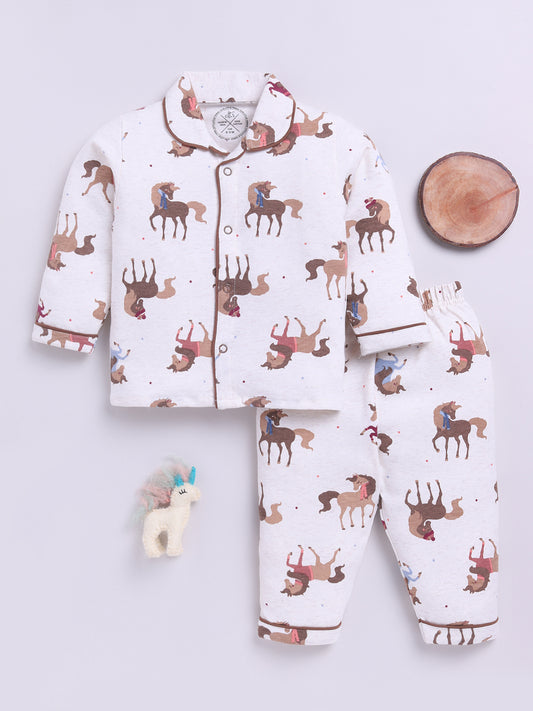 'Horses' Cream Cotton Full Sleeves Nightwear Set
