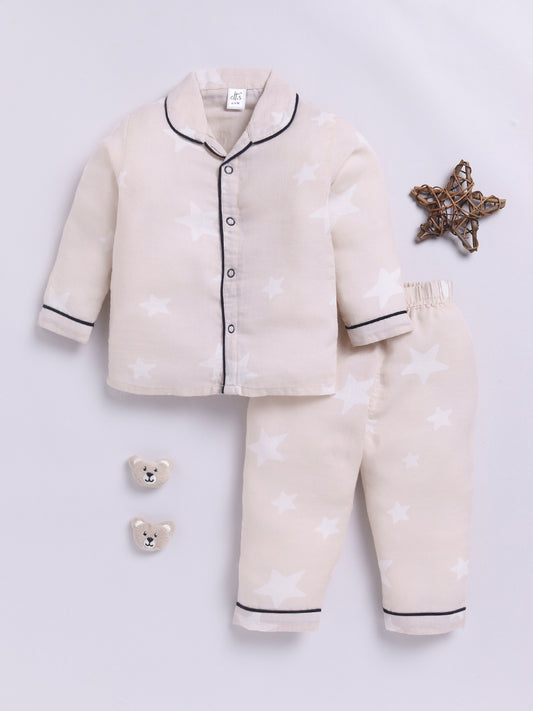 Starry Beige Cotton Full Sleeves Nightwear Set