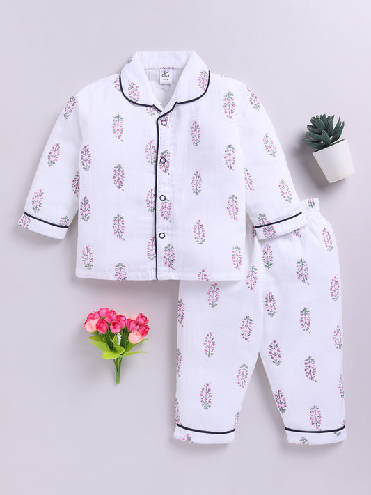 White Cotton Full Sleeves Floral Nightwear Set
