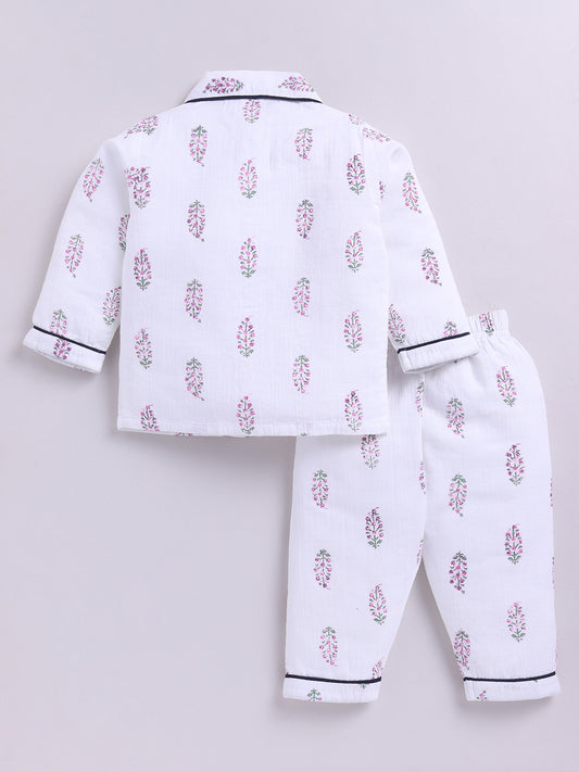 White Cotton Full Sleeves Floral Nightwear Set