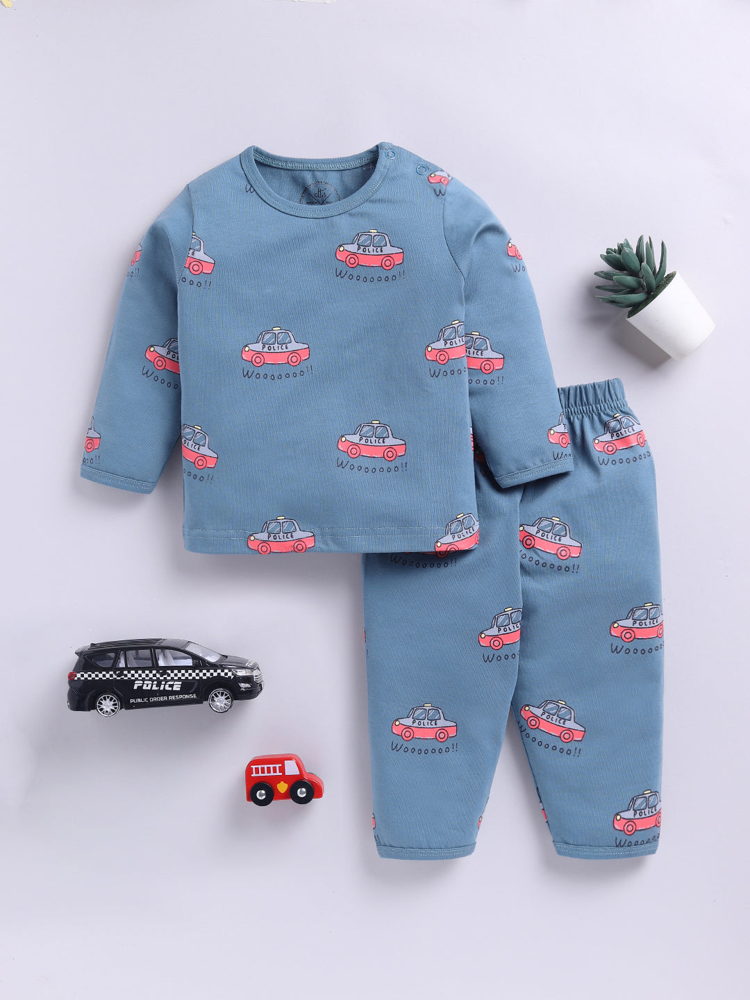 'Cars' Blue Cotton Knitted Full Sleeve Night Suit