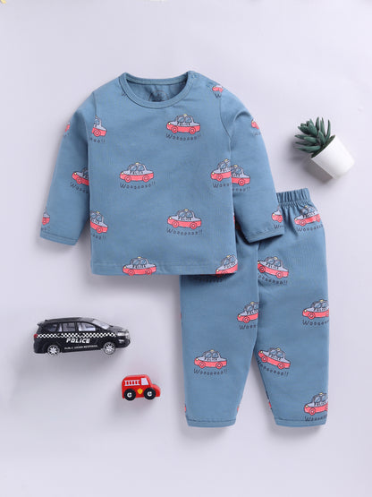 'Cars' Blue Cotton Knitted Full Sleeve Night Suit