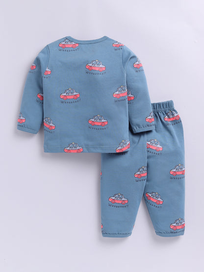 'Cars' Blue Cotton Knitted Full Sleeve Night Suit