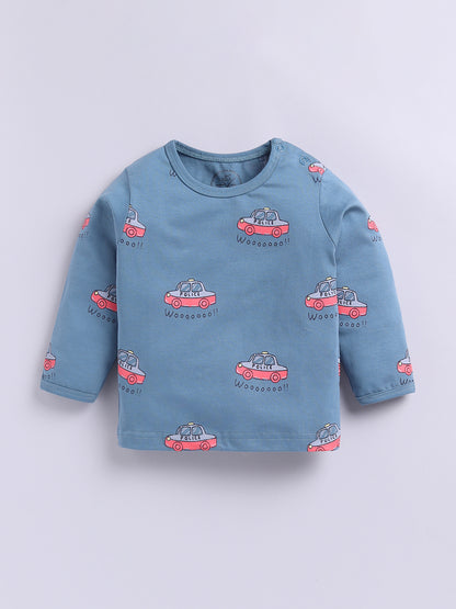 'Cars' Blue Cotton Knitted Full Sleeve Night Suit