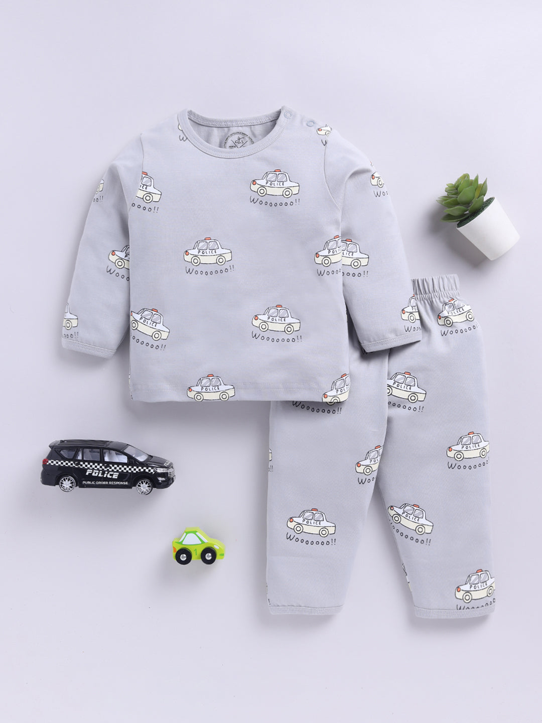 'Cars' Grey Cotton Knitted Full Sleeve Night Suit