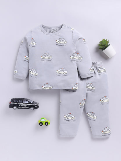 'Cars' Grey Cotton Knitted Full Sleeve Night Suit