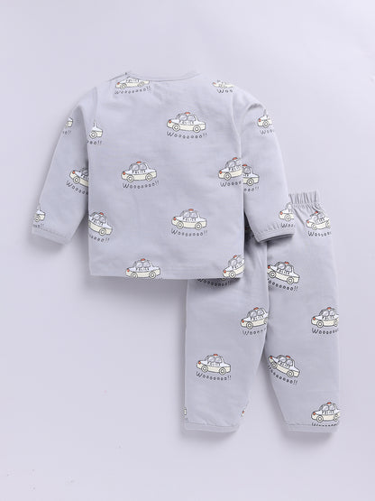 'Cars' Grey Cotton Knitted Full Sleeve Night Suit