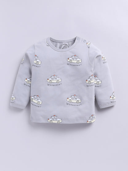 'Cars' Grey Cotton Knitted Full Sleeve Night Suit